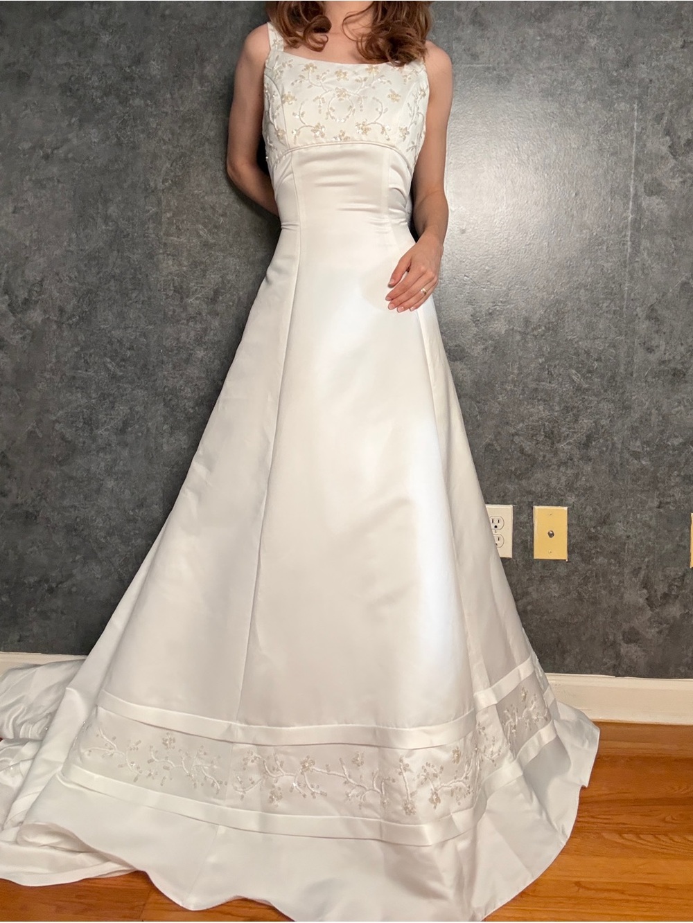 Vintage 1990s Oleg Cassini Wedding Gown — Beaded Train, Covered Button Back